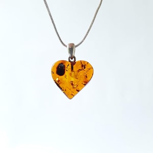 Baltic Amber Heart Pendant: Cognac Gemstone, Silver Chain