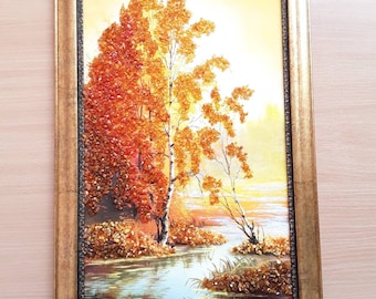 Baltic Amber Fall Landscape Painting: Framed Autumn Art