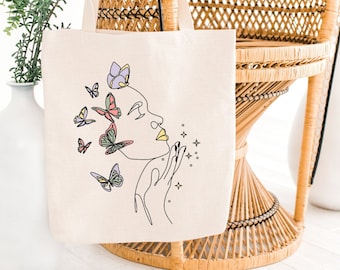 Beige Butterfly Tote Bags, Heavy Natural Tote Bags,Cute Tote Bags,Tote Bag Aesthetic, Gift Tote Bags with Long Handles, Reusable Tote Bags