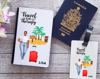 TRAVEL Is My Therapy Passport Holder- Passport Cover Personalized - Personalized Luggage Tags- Personalized Passport Holder For Black Women