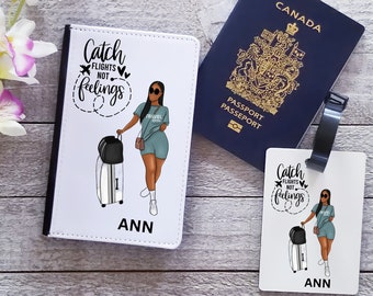 CATCH FLIGHTS not feelings Passport Holder- Passport Cover - Personalized Luggage Tags- Personalized Passport Holder For Black Women