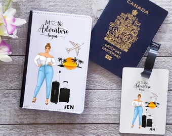 Funda para pasaporte Adventure Begins / Funda para pasaporte / Etiquetas para equipaje personalizadas / Juego de funda para pasaporte y etiquetas para equipaje / Regalo de viaje para mujeres