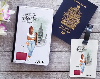 Adventure Begins Passport Holder- Passport Cover - Personalized Luggage Tags- Personalized Passport Holder For Black Women