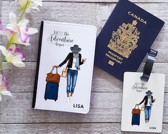 Puede incluir: Un portapasaporte blanco con borde negro y un gráfico de una mujer con una maleta y el texto "Let the adventure begin" y el nombre "LISA".