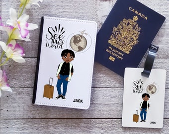 Les garçons voient le porte-passeport mondial - Couverture de passeport personnalisée - Étiquettes de bagage personnalisées - Porte-essentiels de voyage pour enfants | Enfants noirs
