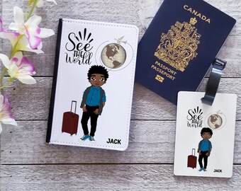 Boys See The World Passport Holder- Passport Cover Personalized - Personalized Luggage Tags-Travel Essentials Holder For Kids|Black Kids