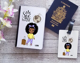 Girls See The World Passport Holder- Passport Cover Personnalisé - Étiquettes de bagage personnalisées-Travel Essentials Holder For Kids|Black Kids