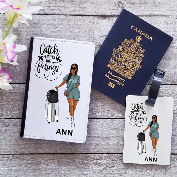 CATCH FLIGHTS not feelings Passport Holder- Passport Cover - Personalized Luggage Tags- Personalized Passport Holder For Black Women