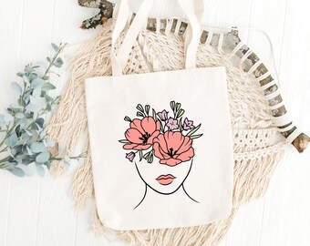 Beige Head Flower Tote Bags,Heavy Natural Tote Bags,Cute Tote Bags,Tote Bag , Gift Tote Bags with Long Handles,Reusable Grocery Tote Bags
