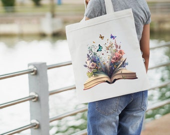 Beige Flower Tote Bags,Heavy Natural Tote Bags,Butterfly Tote Bags, Farmer's Market Tote Bag, Gift Tote Bags Long Handles,Reusable Tote Bags
