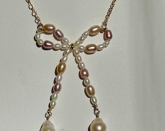 Handmade Multi-color Pearl Bow Necklace: 14k Gold Filled Chain