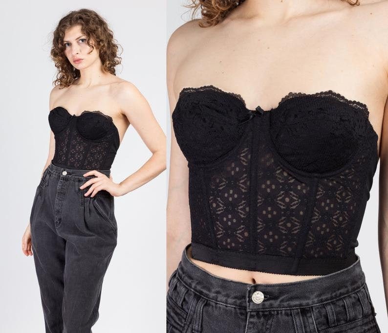 Vintage Black or White Lace Bustier 70s 80s Corset Longline