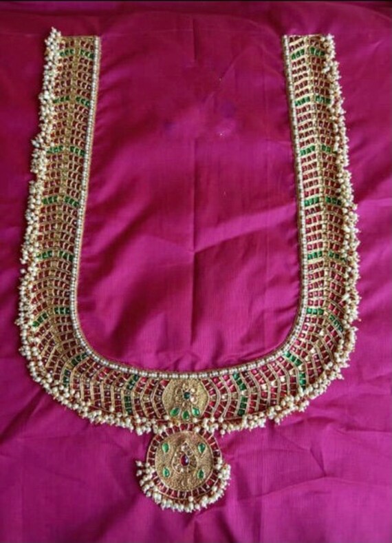 Raw Silk Haram Inspired Maggam Work Blouse With Pearls Kundan - Etsy India