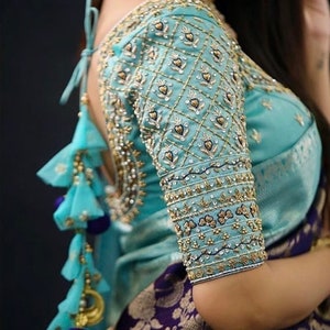 Powder blue Maggam Blouse with Silver Zardozi,Stones, embroidery work