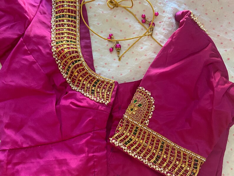 Raw Silk Haram Inspired Maggam Work Blouse With Pearls Kundan Etsy India