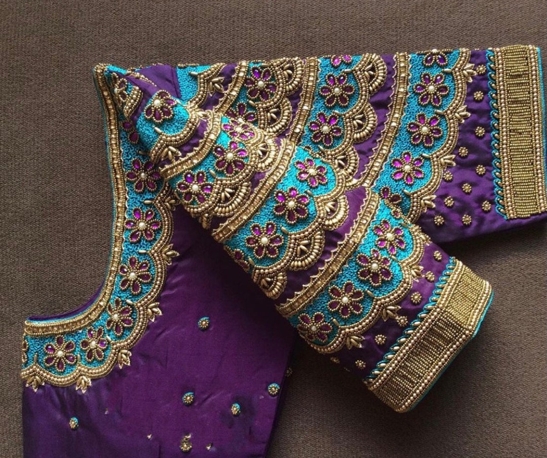 Raw Silk Purple Maggam Work Blouse With Zari Stone Beads Kundans and ...