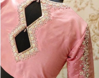 Light pink blouse with sequin, pearls, silver zari work