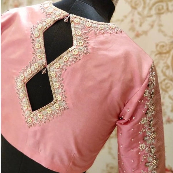 Light pink blouse with sequin, pearls, silver zari work