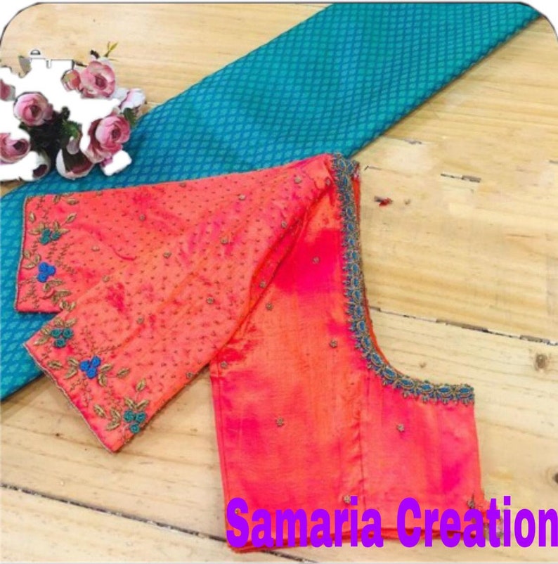 Orange maggam work blouse with blue embroidery work  etsy Orange maggam work blouse with blue embroidery work  etsy