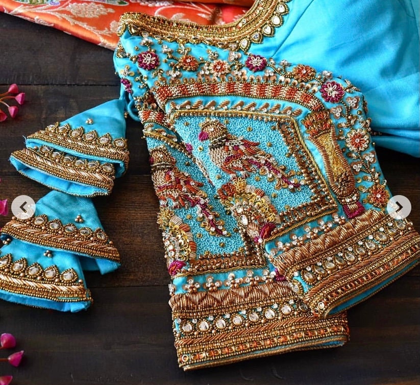 Light Blue Maggam Blouse With Different Shades of Antique Light Blue Maggam Blouse With Different Shades of Antique