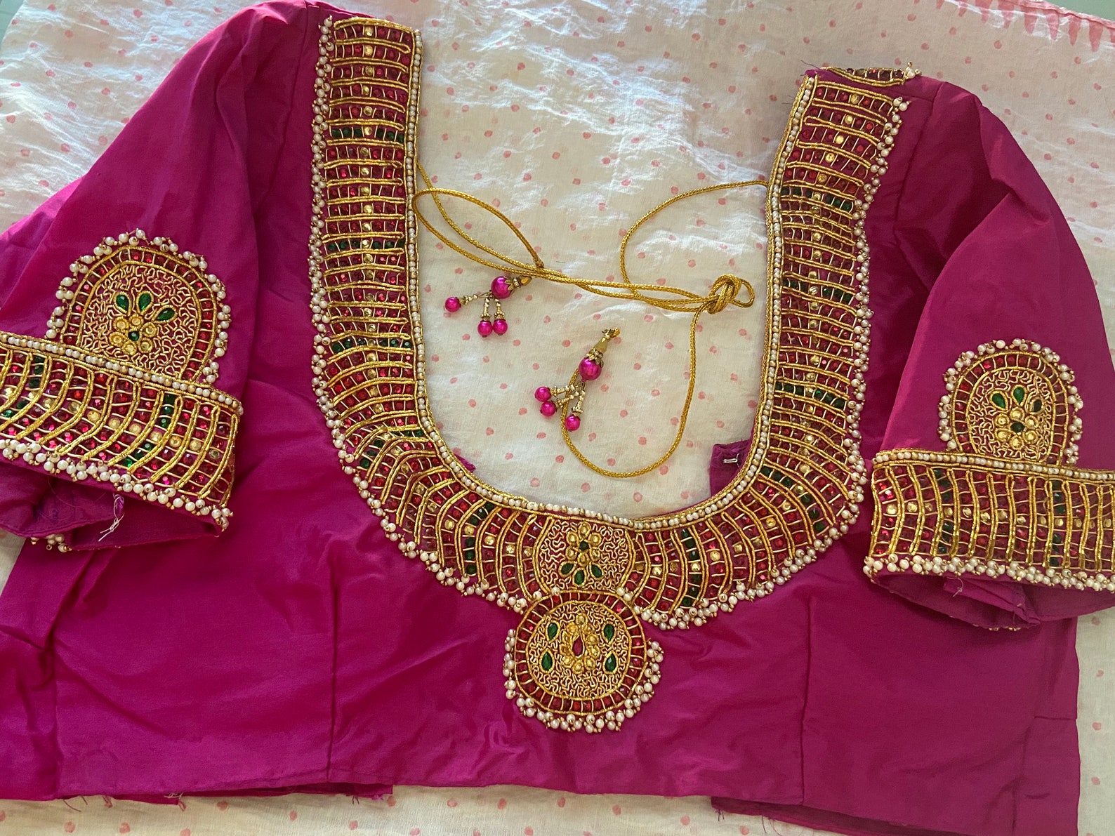 Raw Silk Haram Inspired Maggam Work Blouse With Pearls Kundan Etsy India