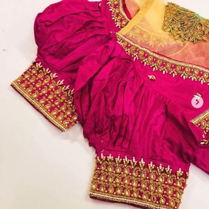 Pure Pattu puff sleeves blouse with Zardozi, Pearls, Tree motif on back net image 2
