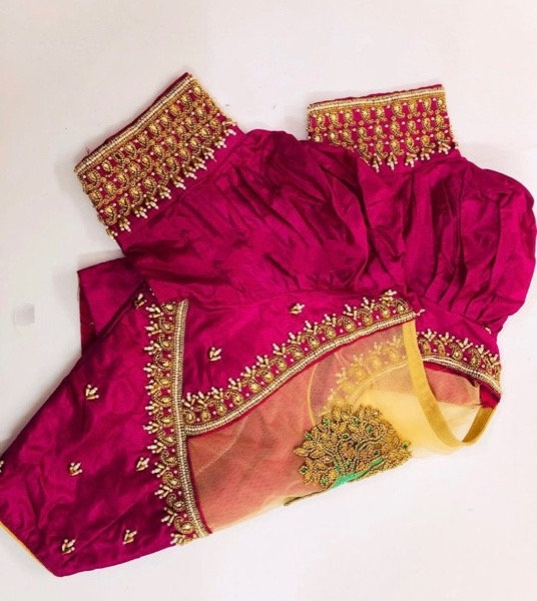 Pure Pattu Puff Sleeves Blouse With Zardozi Pearls Tree Motif on Back Net Etsy UK