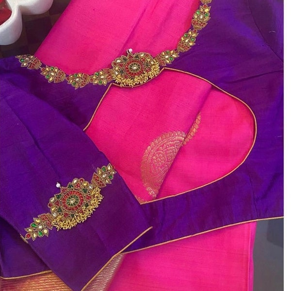 Simple Vanki style Maggam blouse with Kundan,Stones and beads work on necklines and sleeves