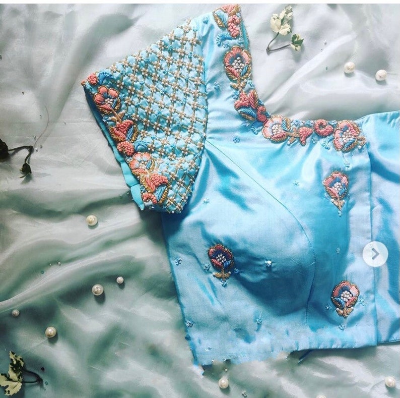 Powder blue Maggam blouse with beads zari work | Etsy