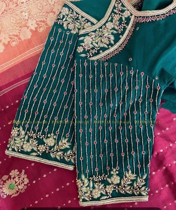 Green Maggam Blouse With Zari Flower Motifs Pearl and Kundan | Etsy