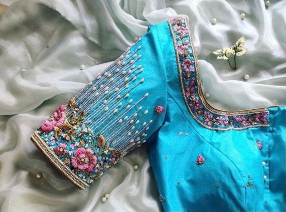Pure Silk Sky Blue Blouse With Pink 