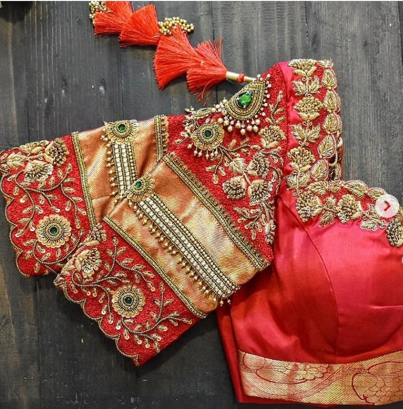 Raw silk Orange Maggam work blouse with zari and stone work image 5