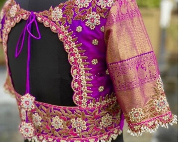 Women's Paper Silk Purple Embellished Ready to Wear With Blouse Piece