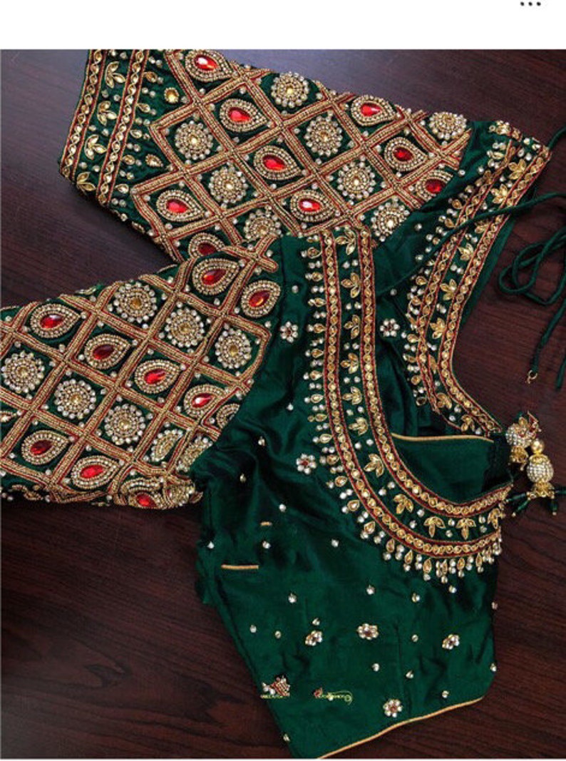 Pure Pattu Silk Green Maggam Blouse With Kundan Work All Over | Etsy