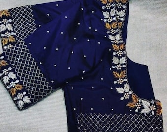 Navy Blue pure silk blouse with Gold, silver color zari, kundans and silver beads