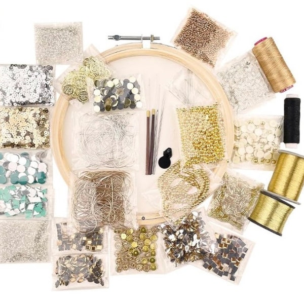 Aari Work Materials Kit Combo Pack Set of Gold Frame Color Beads, Sepia, Zari, Zardosi, Mirrors, Aari Needles