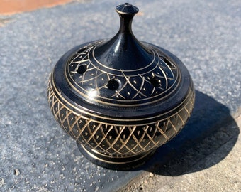 Carved Brass Burner with Lid, (Incense Holder, Brass Censer, Altar Tool, Smudge Bowl)