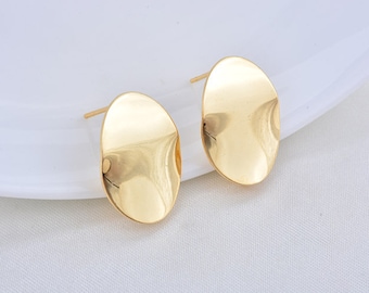18K Gold Plated Oval Earring Studs with Loop (10 pcs)