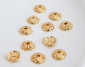 50 Pcs 14K Gold Plated Bead Caps - 8mm Floral End Caps