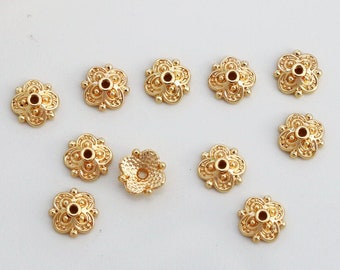 14K Gold Plated Bead Caps: 8mm Floral End Caps (50 pcs)