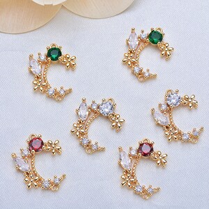 4pcs 18K Real Gold Plated Brass Moon Shape Pandents, Floral Connector Pendant, Zircon Paved Charm Pendants