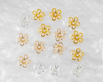 50 pcs Floral Bead Caps: 8mm Gold, 14K Gold, Silver Plated