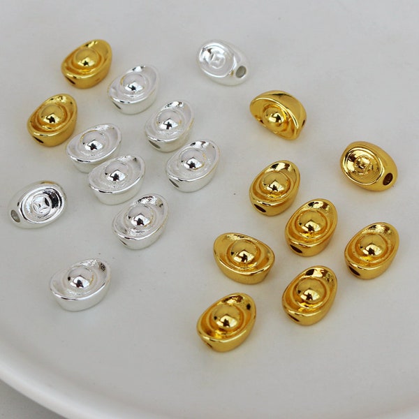 10pcs Shining Shoe-shaped Gold Ingot Beads, Chinese Style Charm Beads, Connector Beads, Silver Beads, 18K Gold Plated Brass Beads