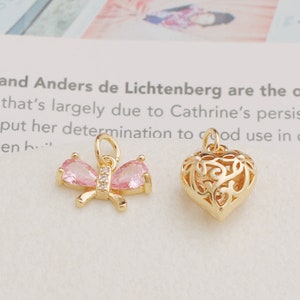 10 pcs 14K Gold Plated Pendant, Hollow Out Heart Pendant, Butterfly Zircon Pendants