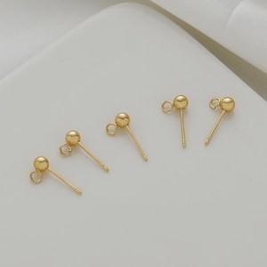 20 pcs 14k Gold Plated Stud Earring, 3/4mm Ball Gold Earring, Gold Ball Posts Earring with Open Ring/ Loop