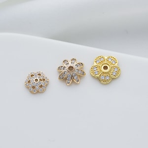 14K Gold Plated Flower Bead Caps: Zircon Paved End Caps, 10pcs