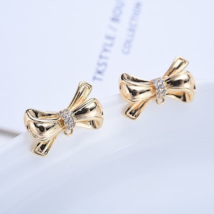 10pcs Real Gold Bowknot Earring Studs with Zircon Pave