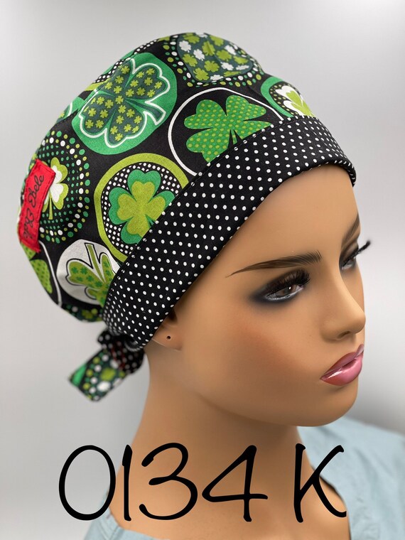 How lucky are you feeling? Irish. St Patrick’s scrub hats. Clover leaf, pot of gold. Green caps.Regular /short hair size.