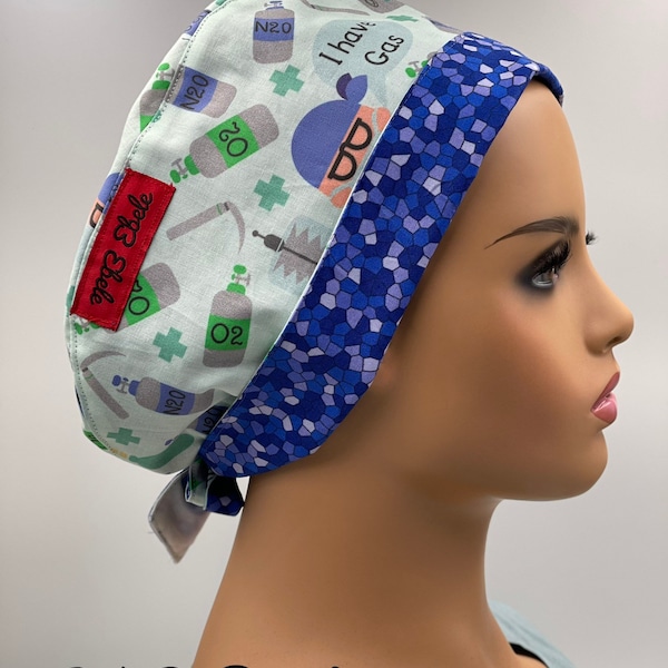 Anesthesia Stat! Scrub Caps. All  sizes available. ‘I’ve got gas’ fabric.Whole hair cover.Cotton tie back caps for health care workers.
