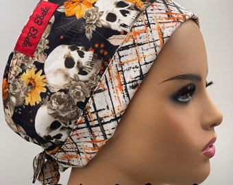 Skulls /Skeletons / Halloween stuff.Regular/Short hair/men’s sizes,back tie /scrub cap.